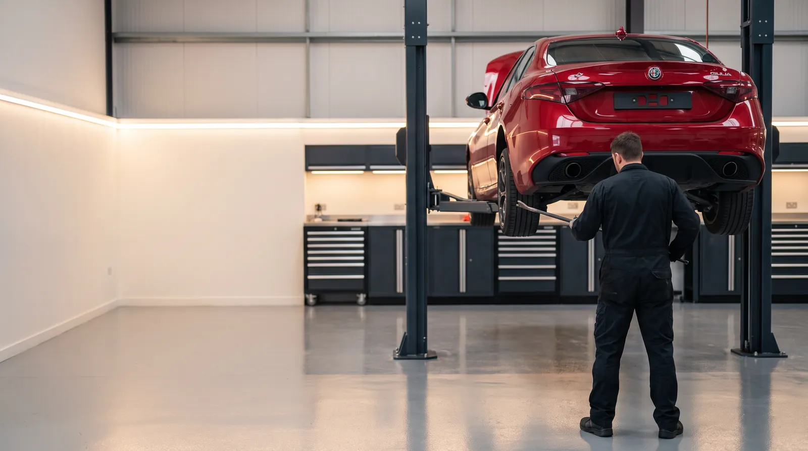 Alfa Romeo Giulia на подъёмнике: проверка тормозов и подвески
