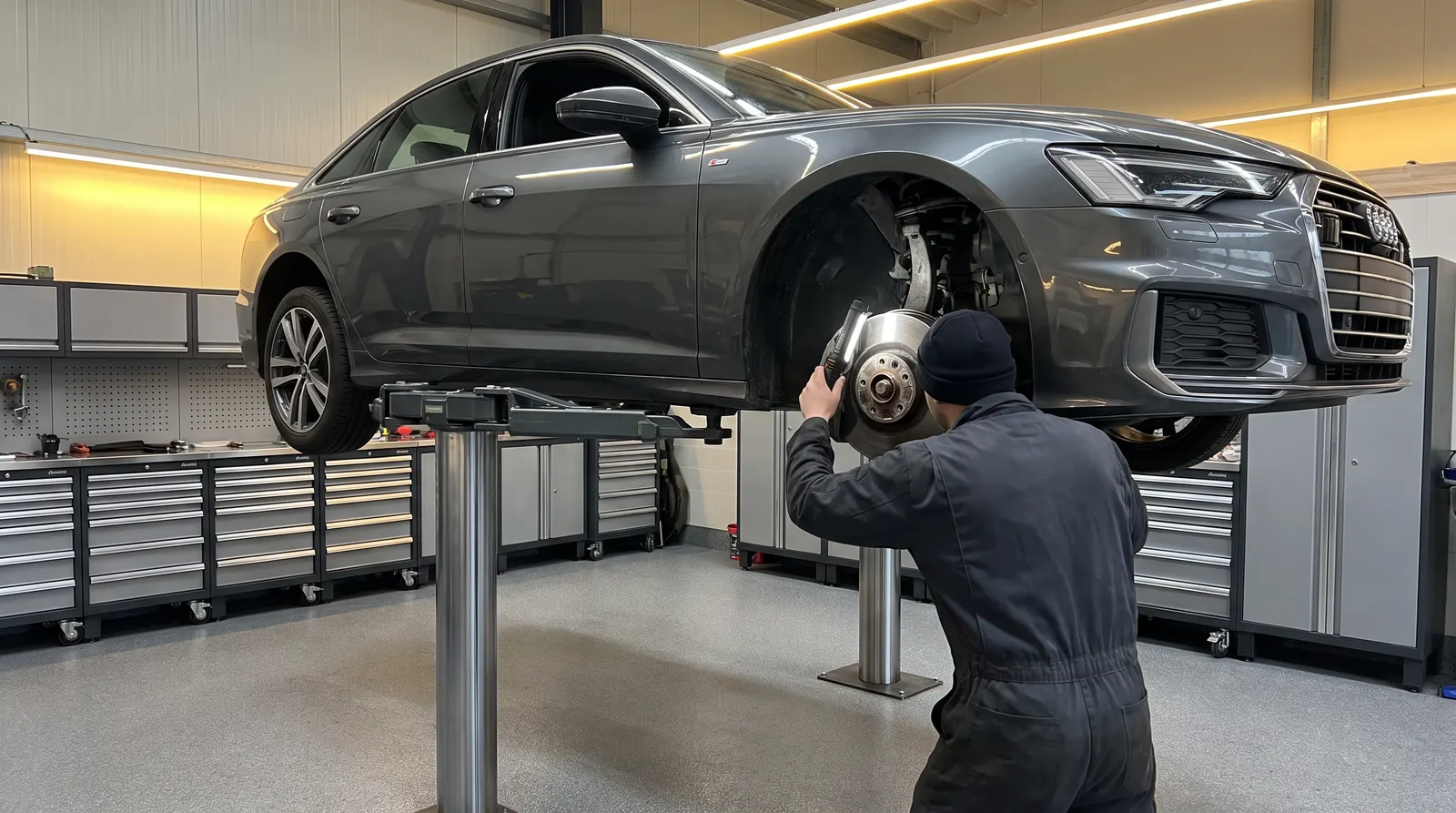 Audi A6 на подъёмнике: проверка тормозов и подвески