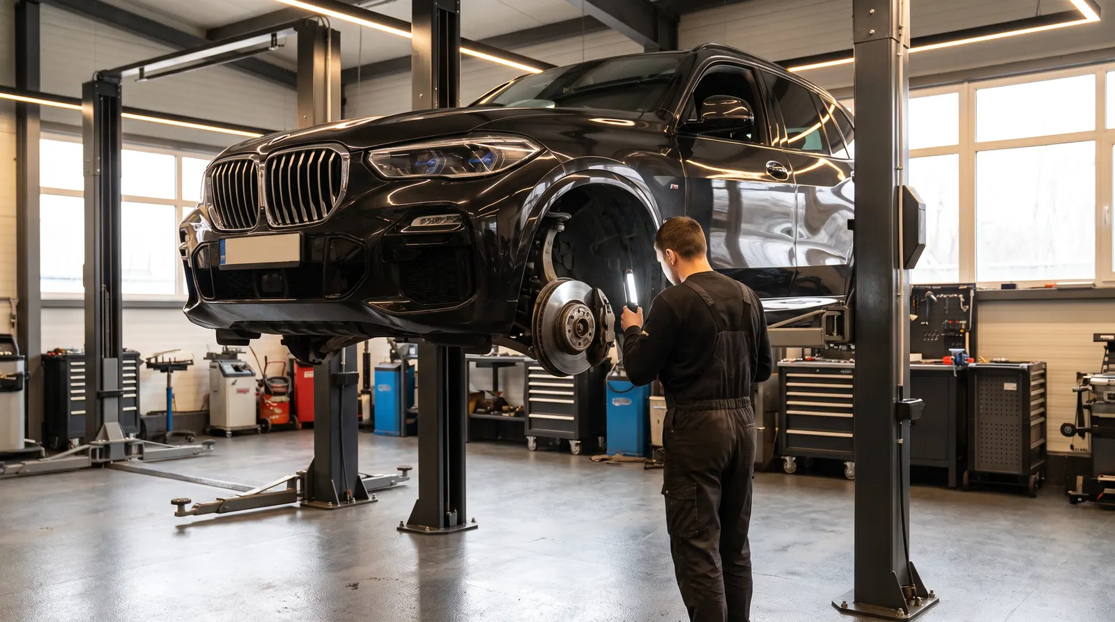 BMW X5 на подъёмнике: проверка тормозов и подвески