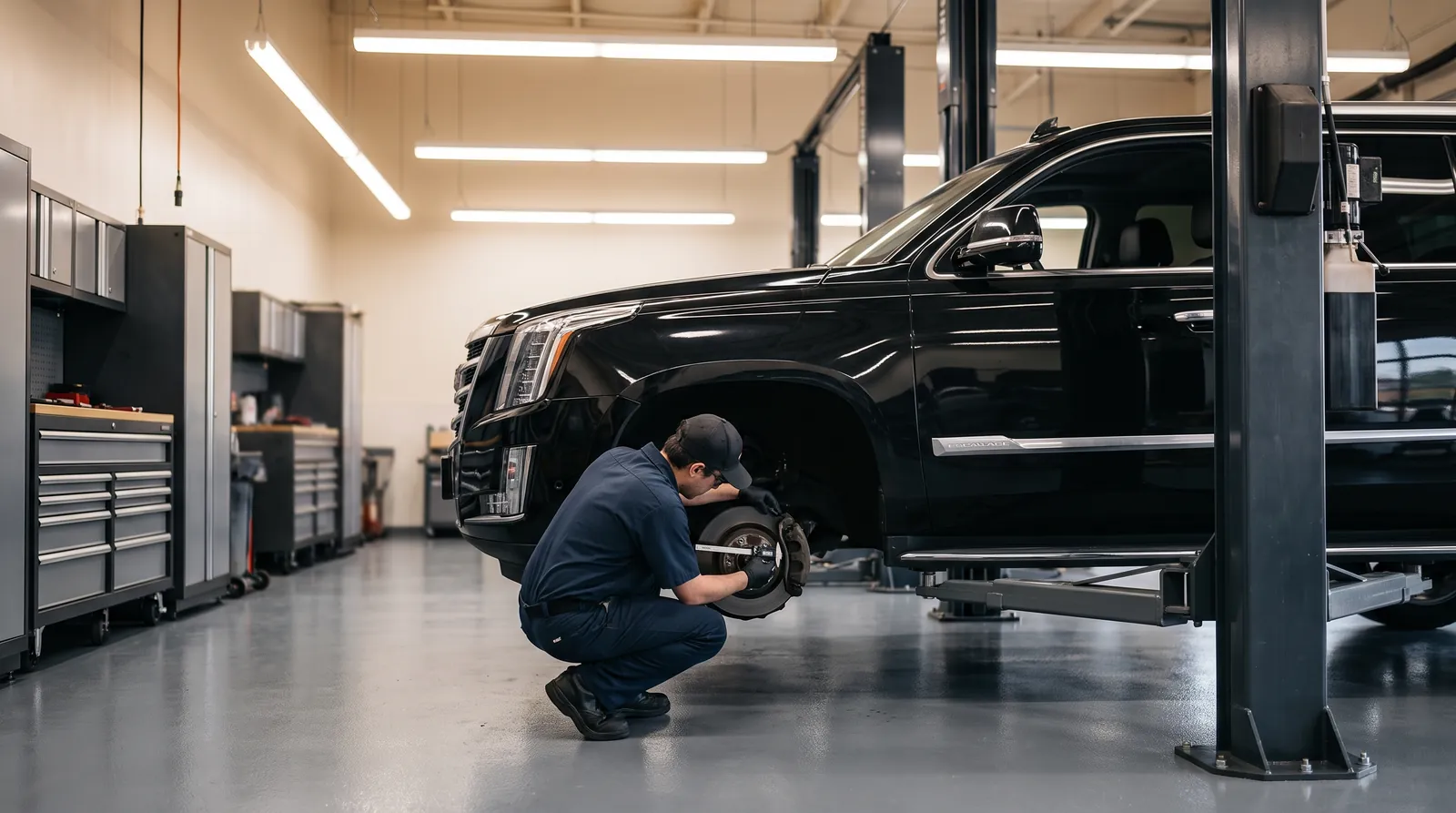 Cadillac Escalade на подъёмнике: проверка тормозов и подвески