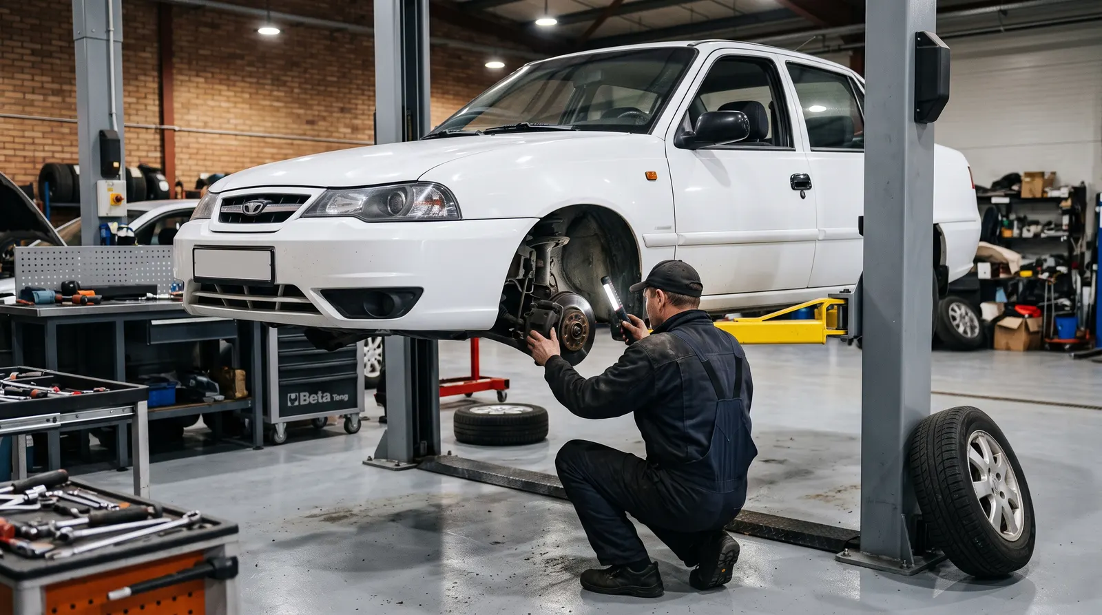 Daewoo Nexia на подъёмнике: проверка тормозов и подвески