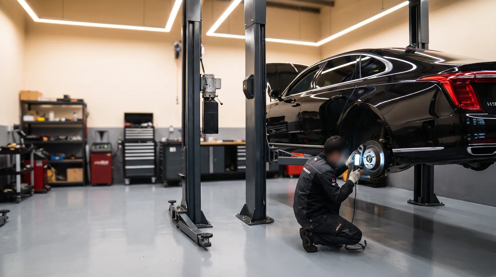 Hongqi H9 на подъёмнике: проверка тормозов и подвески