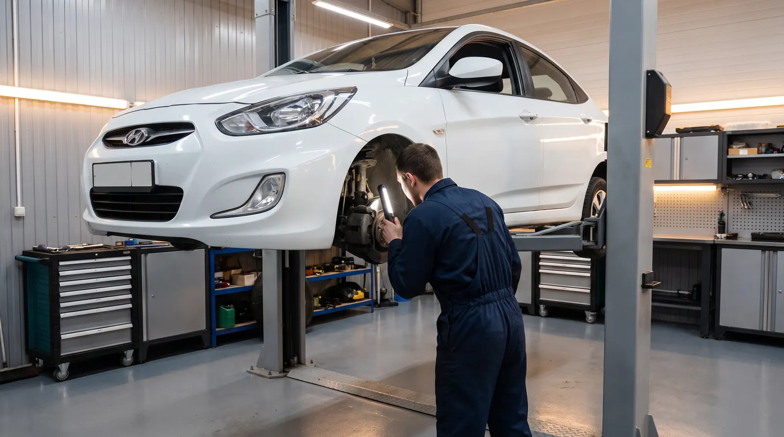 Hyundai Solaris на подъёмнике: проверка тормозов и подвески