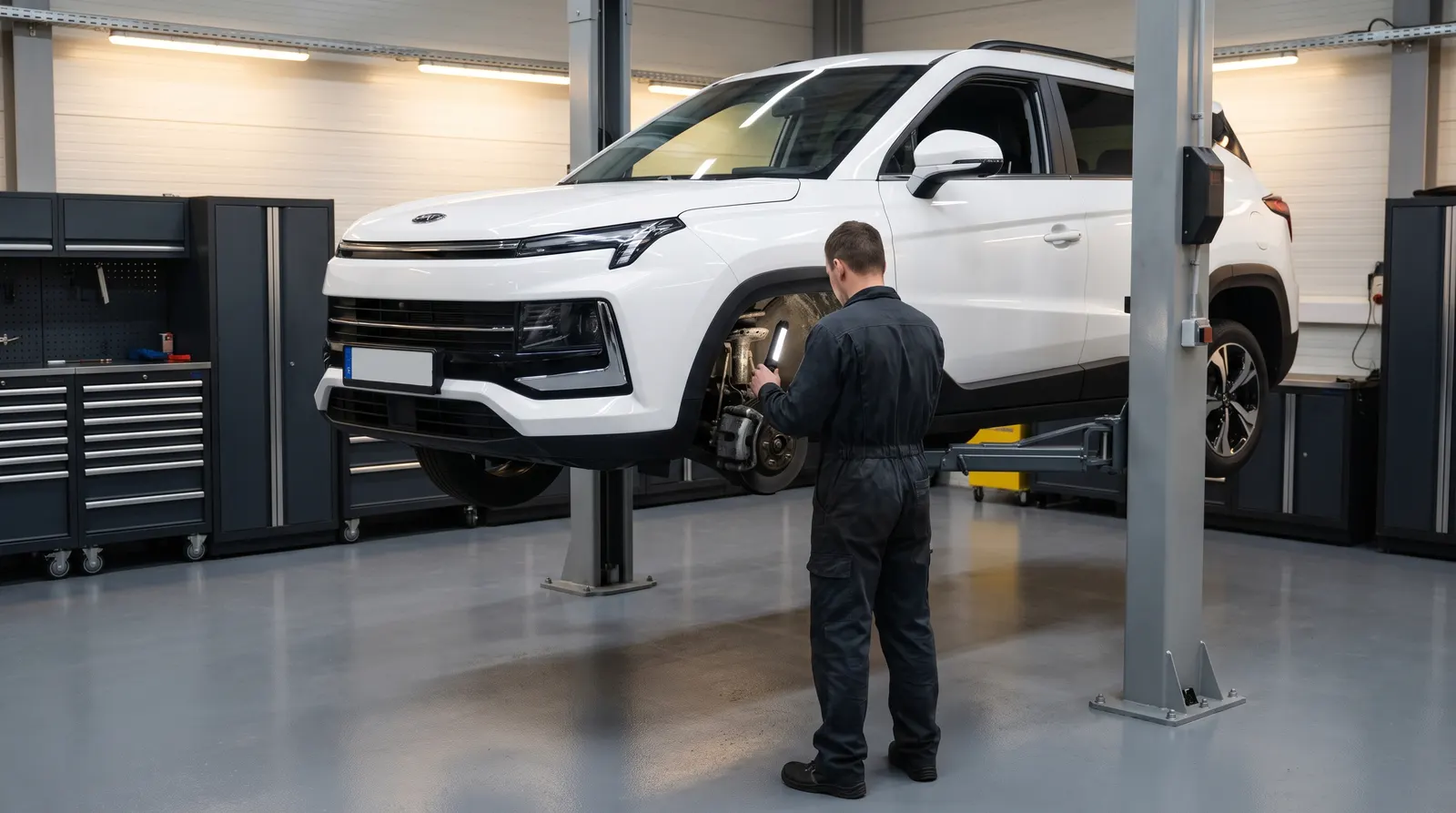JAC JS4 на подъёмнике: проверка тормозов и подвески