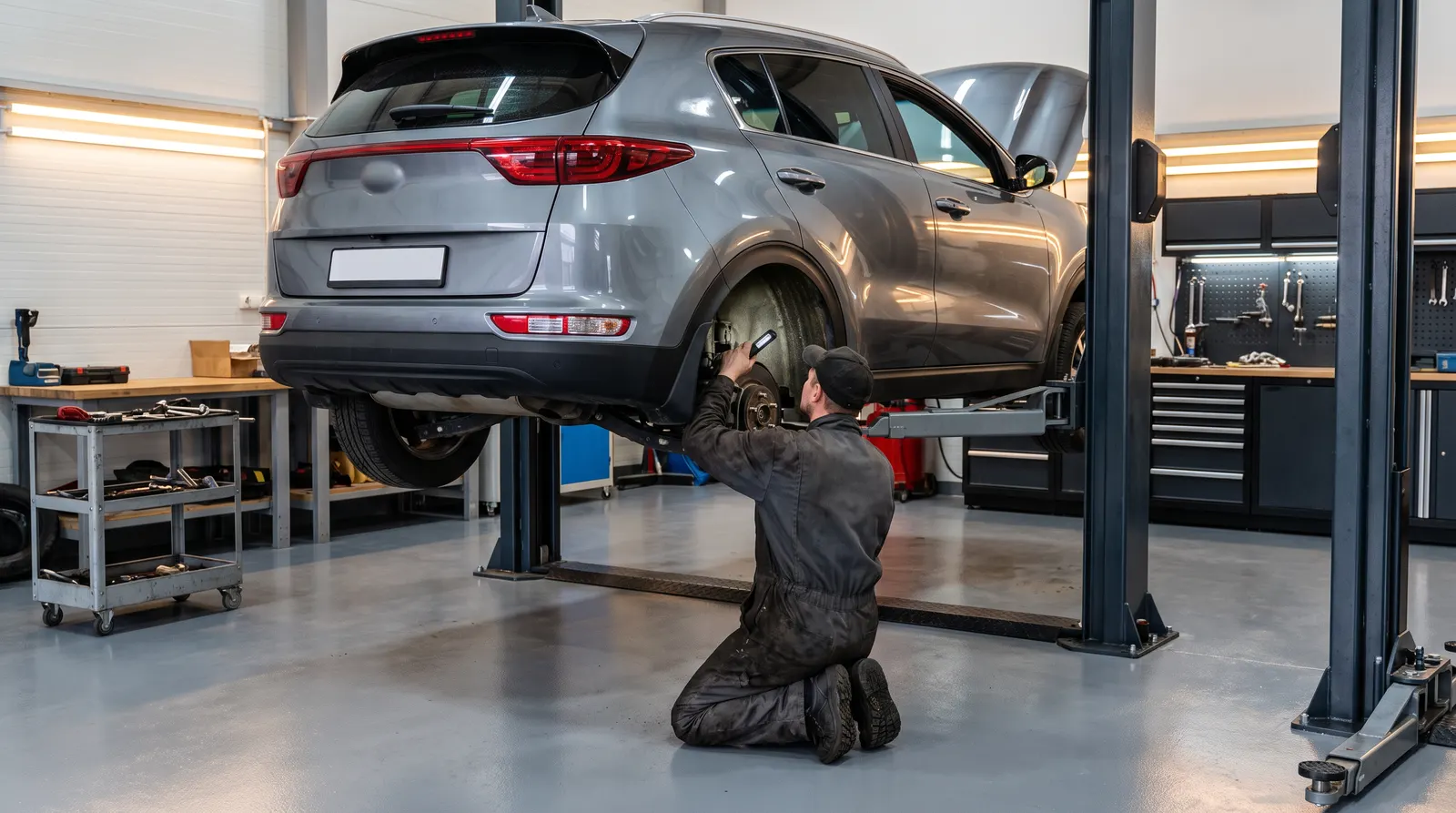 Kia Sportage на подъёмнике: проверка тормозов и подвески