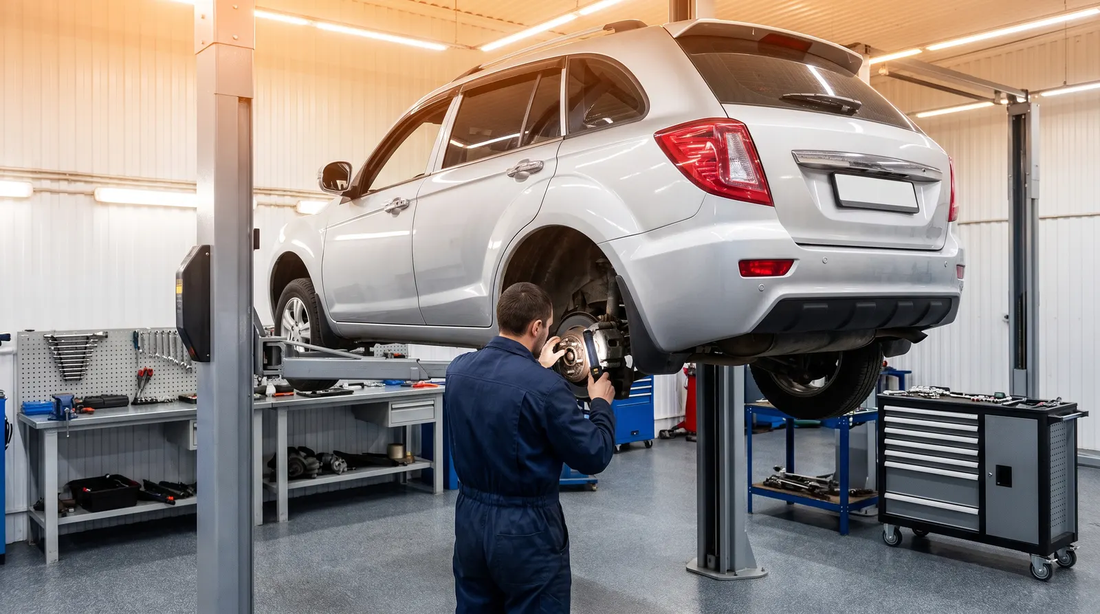 Lifan X60 на подъёмнике: проверка тормозов и подвески