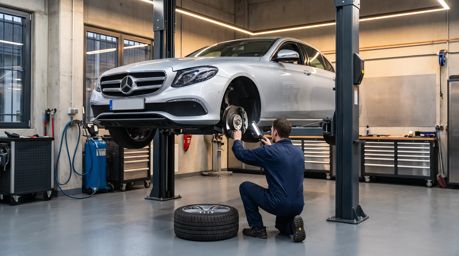 Mercedes-Benz E-Class на подъёмнике: проверка тормозов и подвески