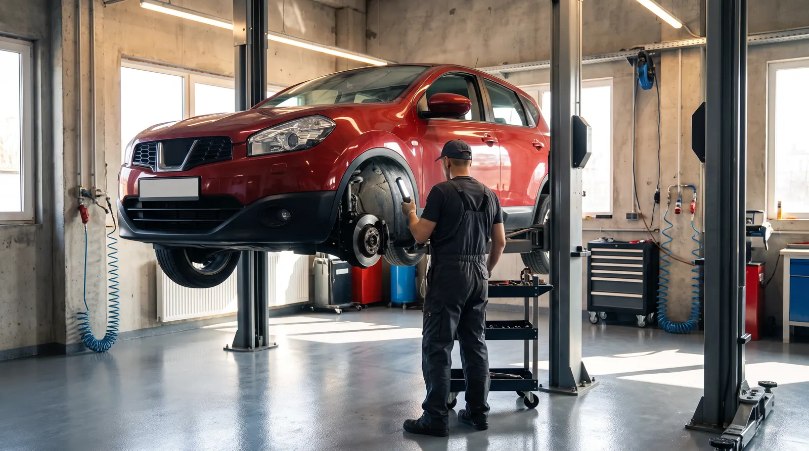 Nissan Qashqai на подъёмнике: проверка тормозов и подвески