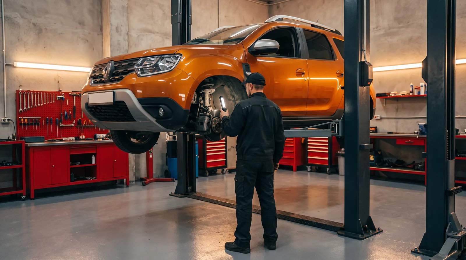 Renault Duster на подъёмнике: проверка тормозов и подвески