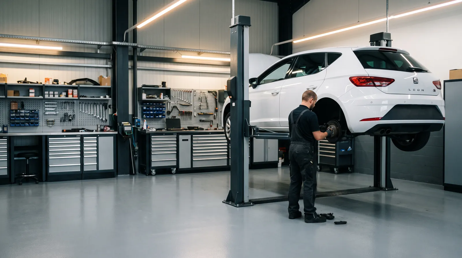 SEAT Leon на подъёмнике: проверка тормозов и подвески
