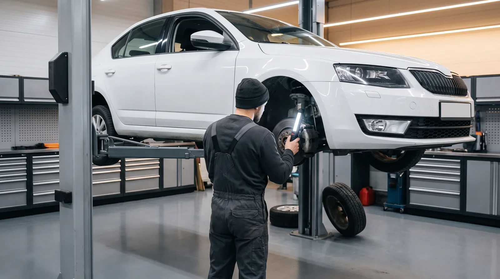 Skoda Octavia на подъёмнике: проверка тормозов и подвески