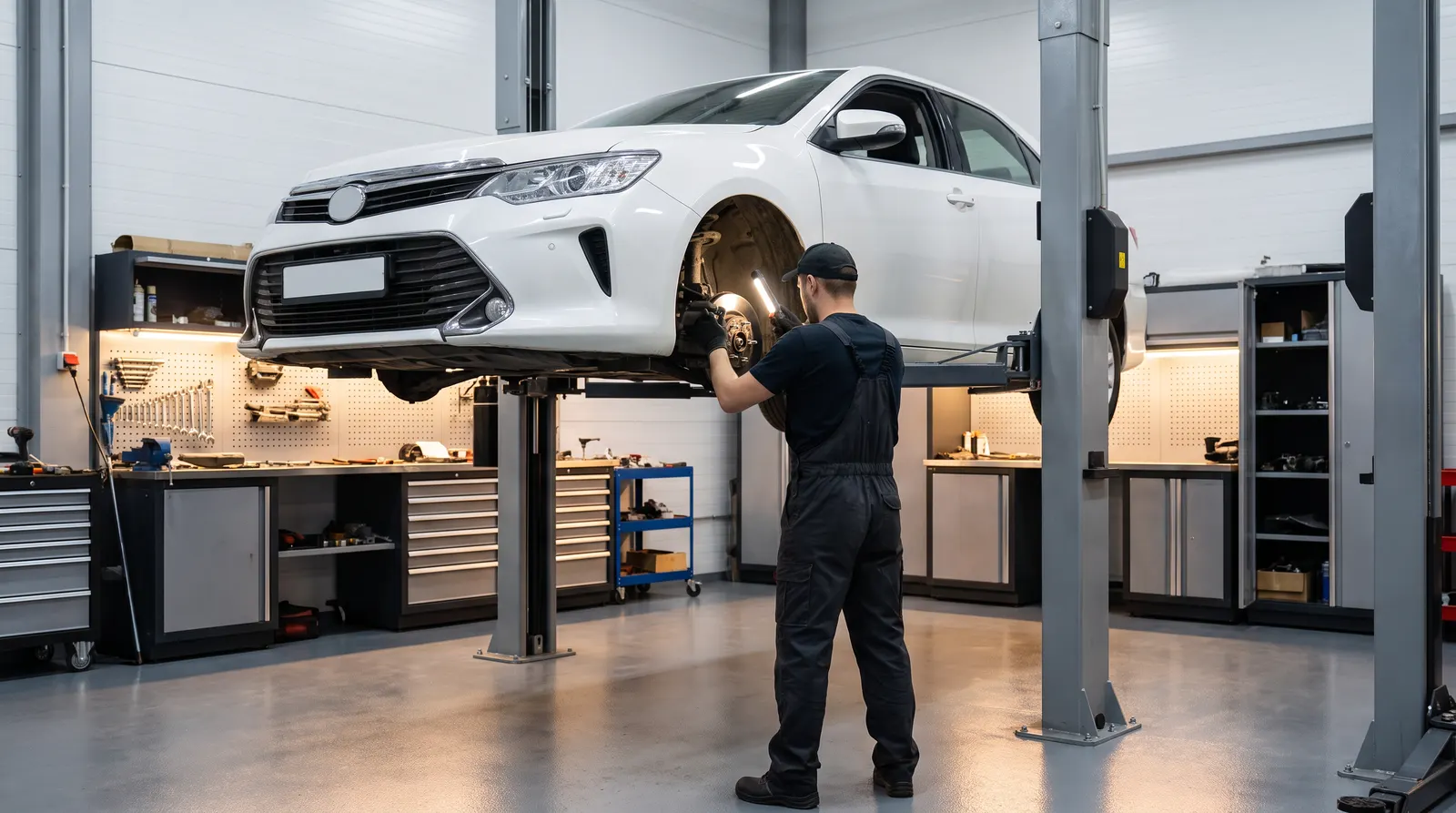 Toyota Camry на подъёмнике: проверка тормозов и подвески
