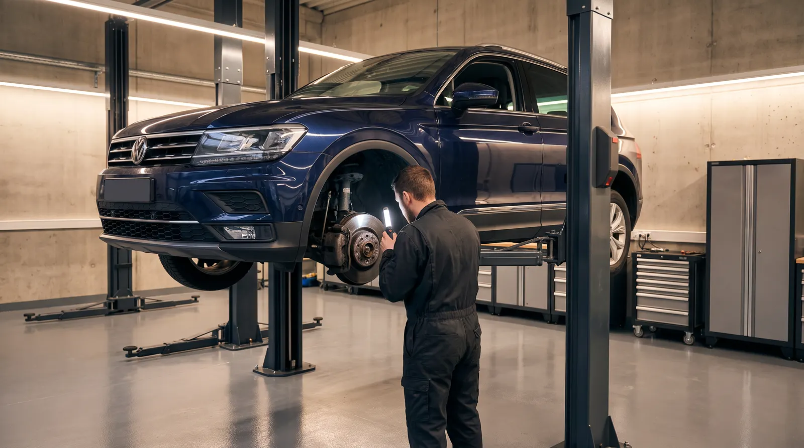 Volkswagen Tiguan на подъёмнике: проверка тормозов и подвески