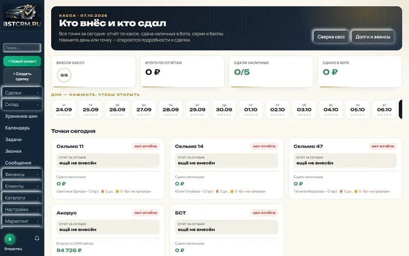 Касса в BSTCRM: кто внёс и кто сдал, сверка по точкам по дням