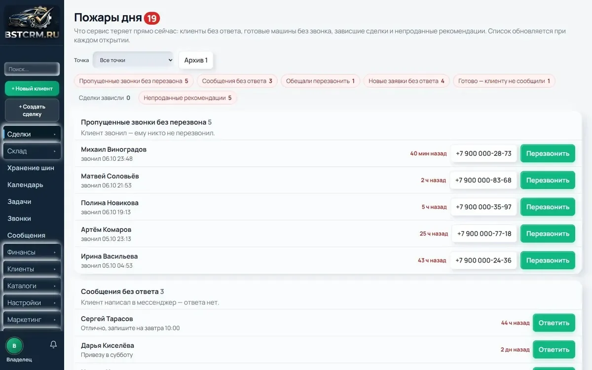 Экран «Пожары дня» в BSTCRM: пропущенные звонки без перезвона и сообщения без ответа