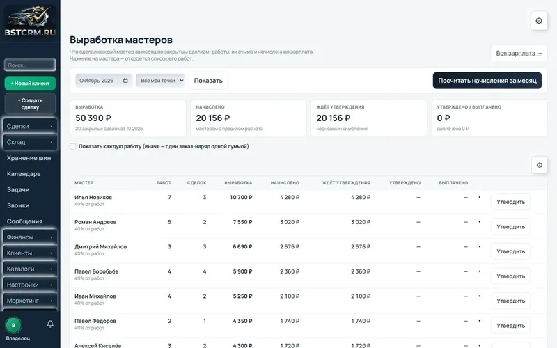 Выработка мастеров в BSTCRM: начислено по сделкам за период