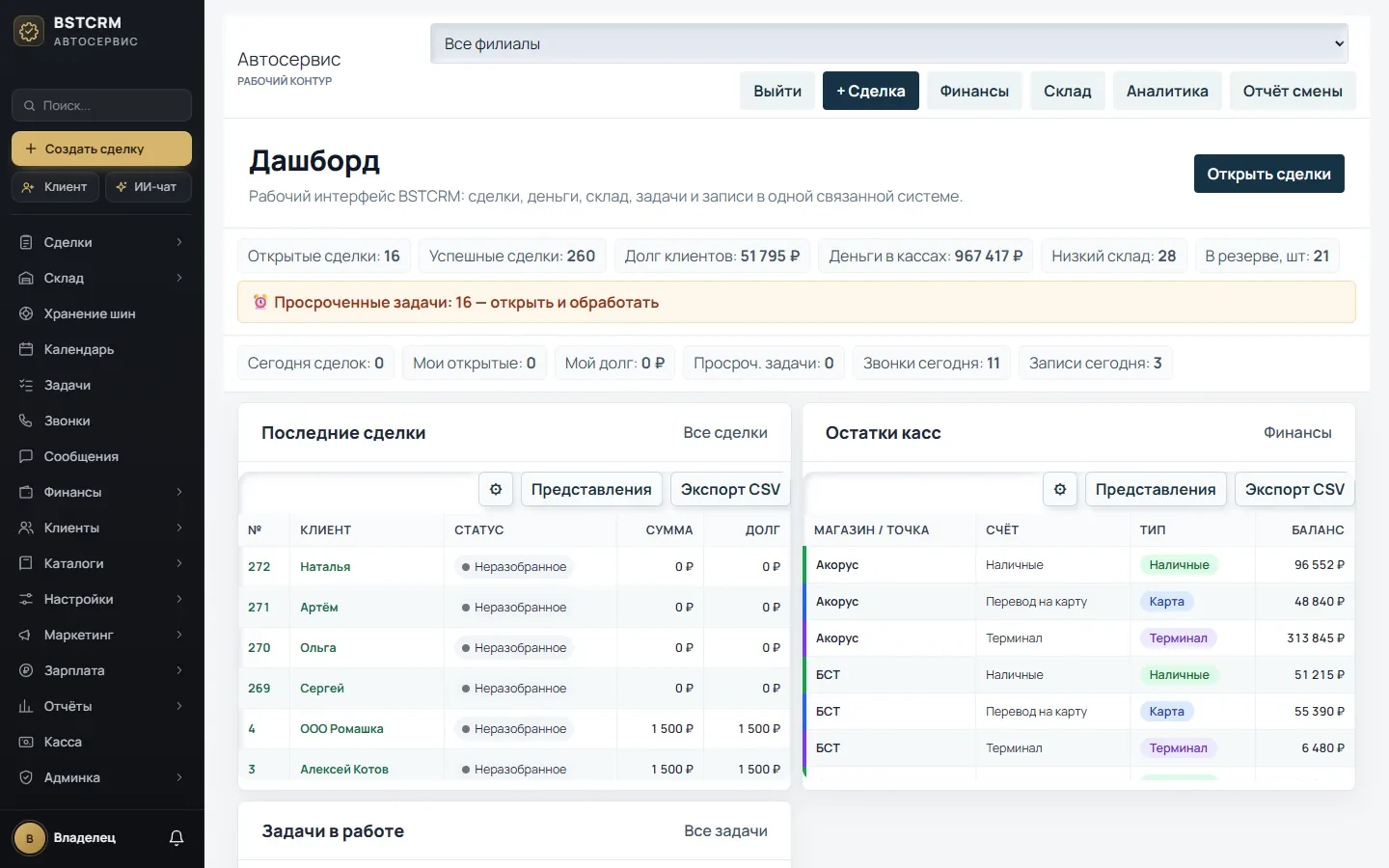 Дашборд BSTCRM: открытые и успешные сделки, долги клиентов, деньги в кассах, последние сделки и остатки касс