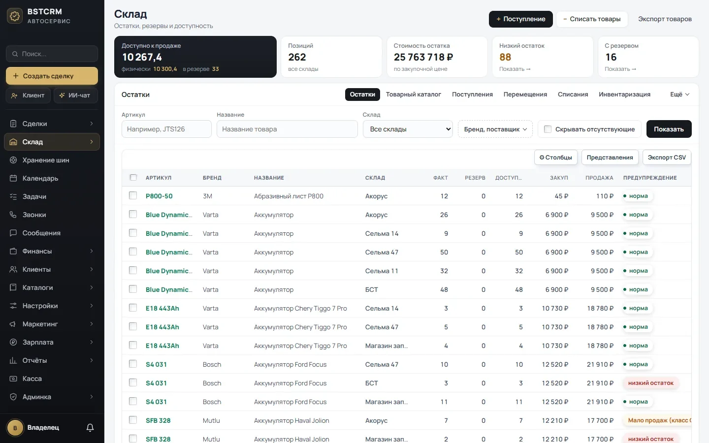 Склад в BSTCRM: доступно к продаже, стоимость остатков, низкий остаток, список товаров
