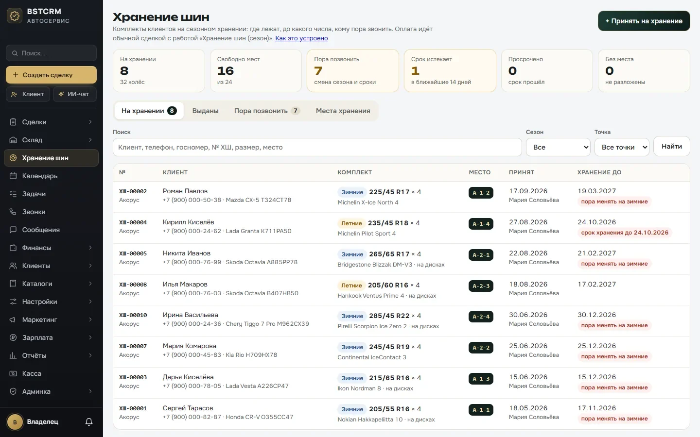 Хранение шин в BSTCRM: комплекты на хранении, места, сроки и клиенты