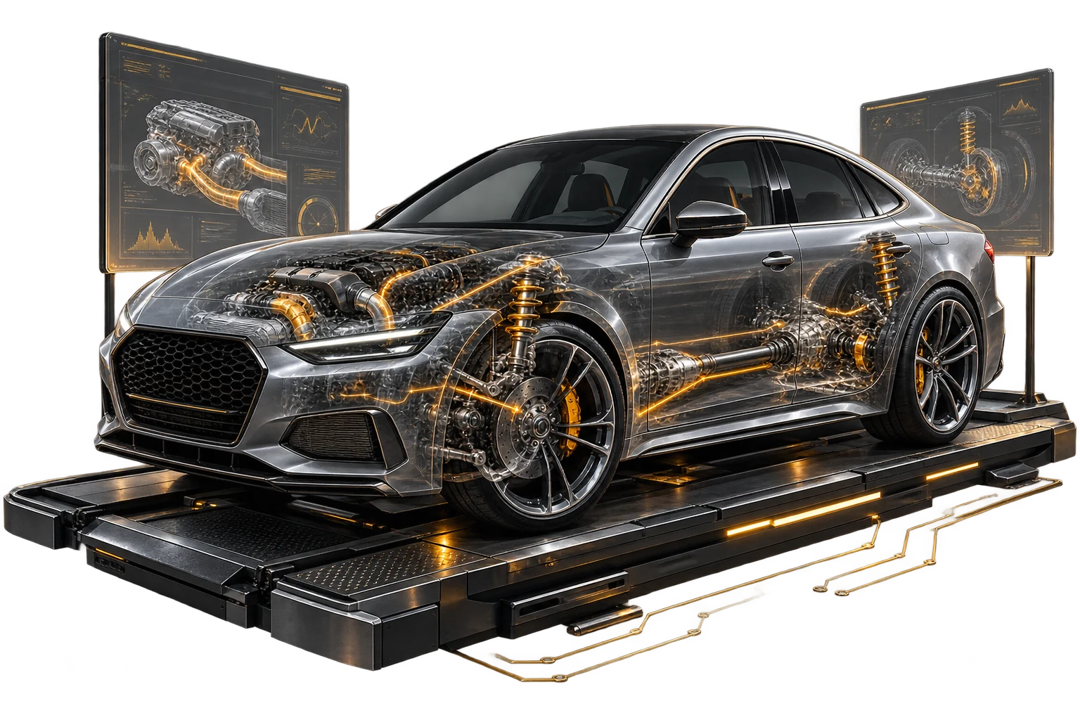 Тематическая AI-иллюстрация комплексной диагностики систем автомобиля