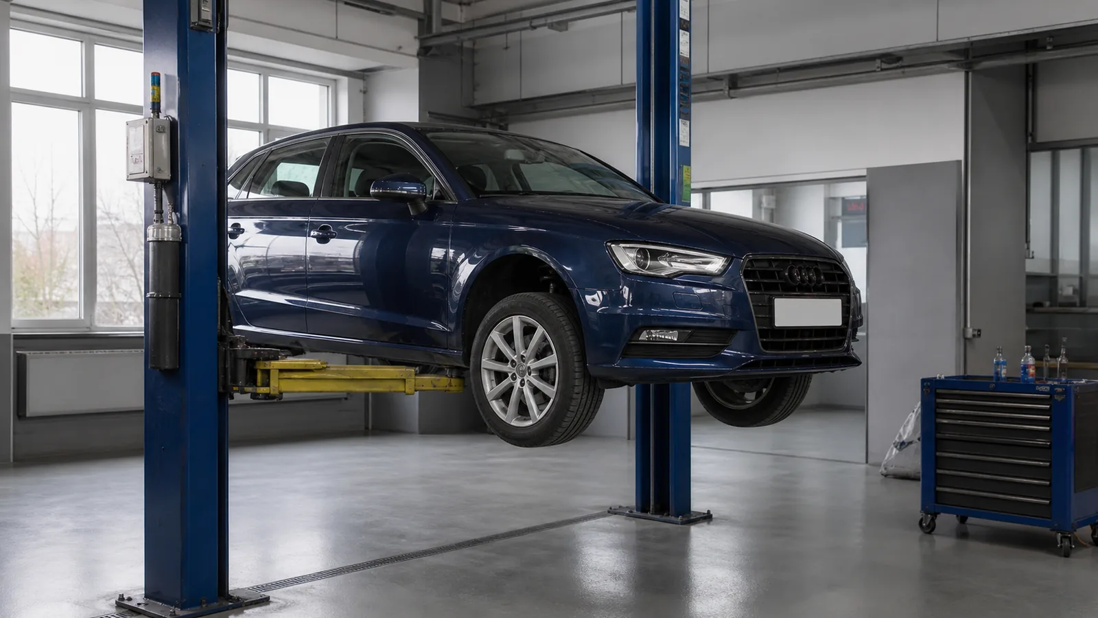 Audi A3 на подъёмнике при проверке ходовой части — иллюстрация