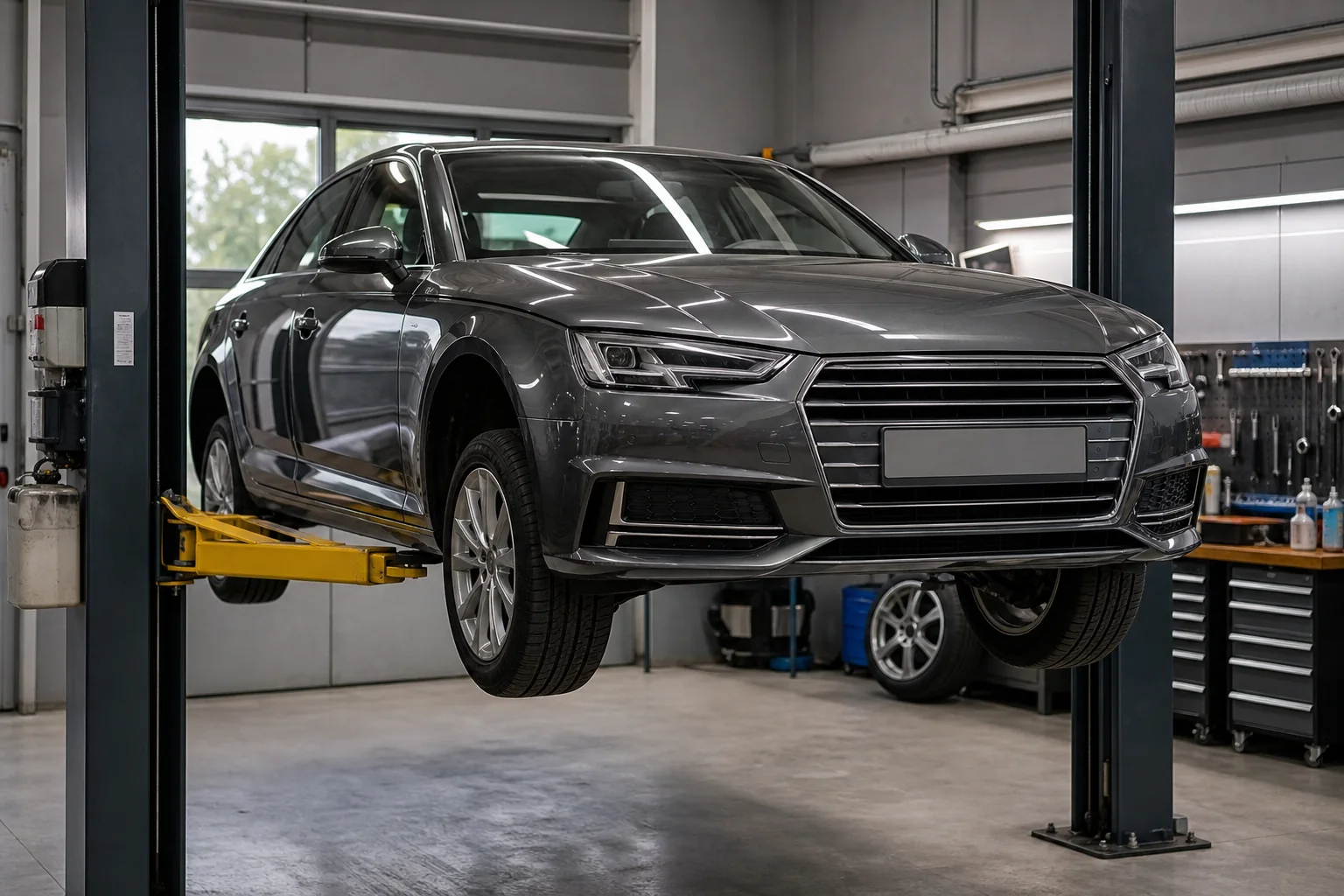 Audi A4 на подъёмнике при проверке ходовой части — иллюстрация