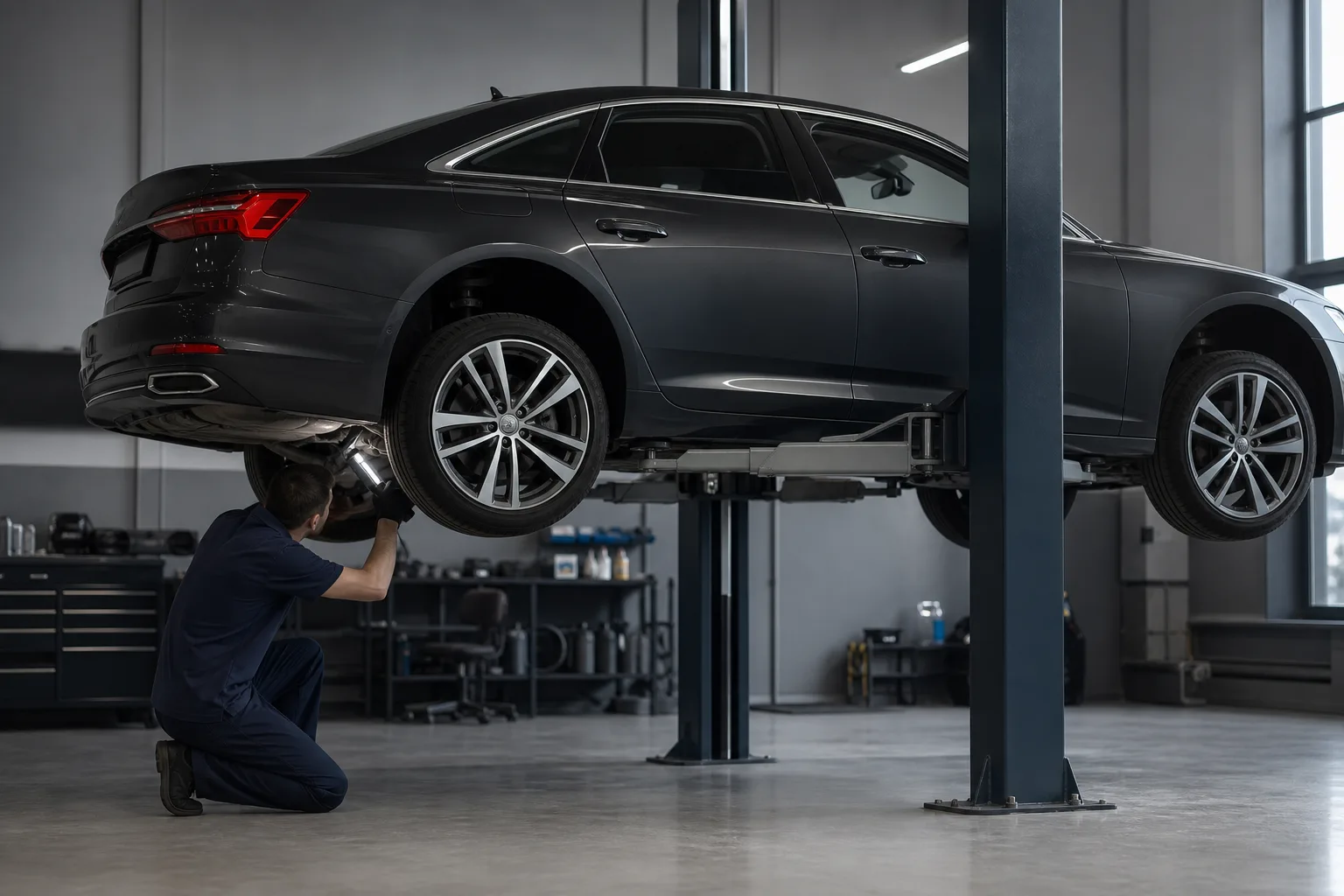 Audi A6 на подъёмнике при диагностике подвески — иллюстрация