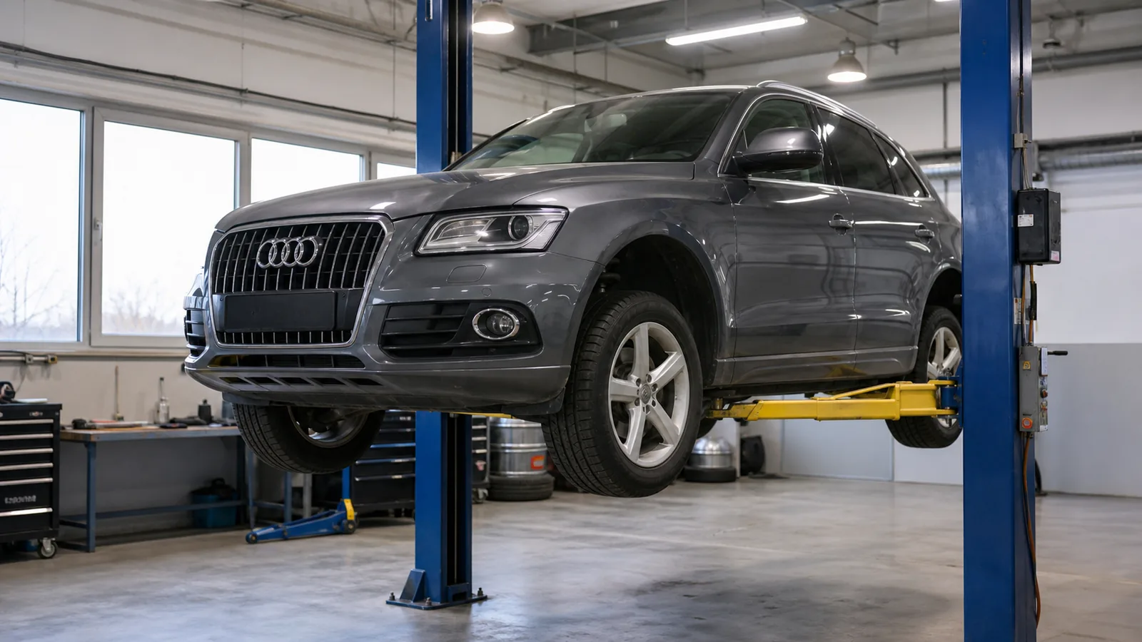 Audi Q5 на подъёмнике при диагностике полного привода — иллюстрация