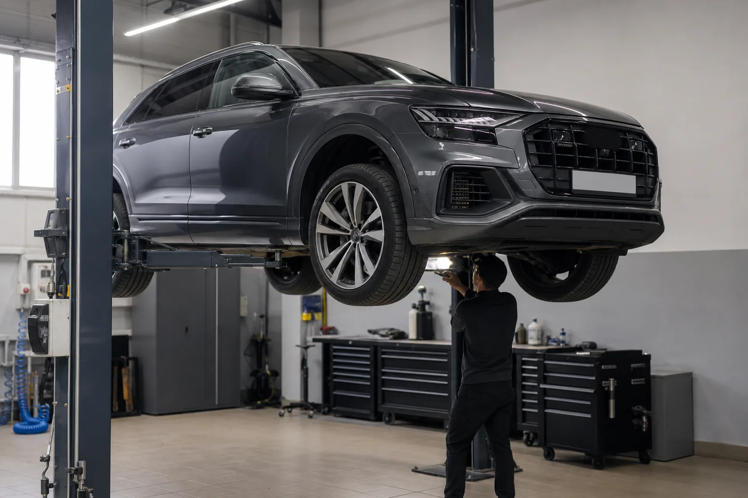 Audi Q8 на подъёмнике при осмотре днища — иллюстрация