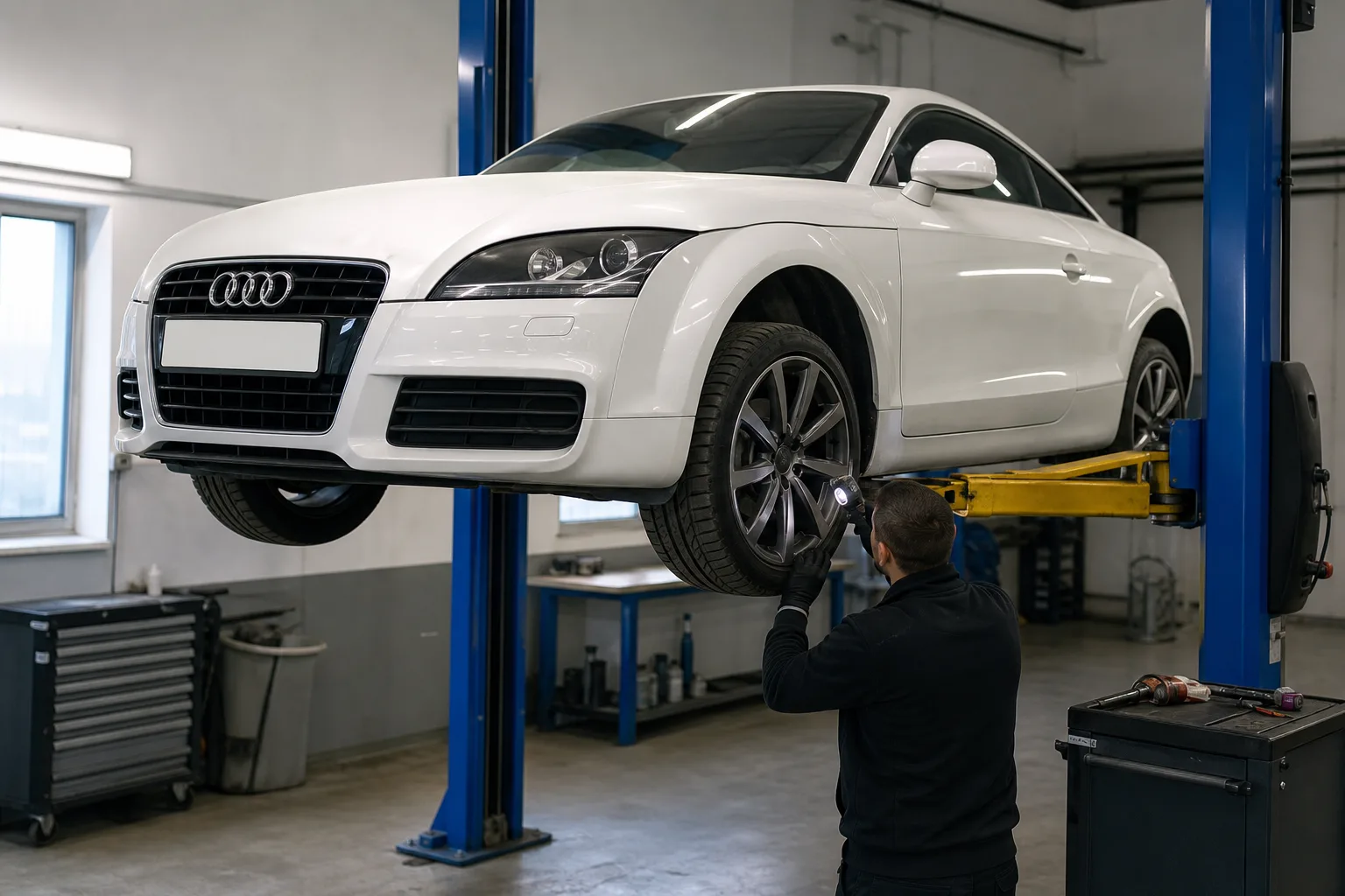 Audi TT на подъёмнике при проверке подвески — иллюстрация