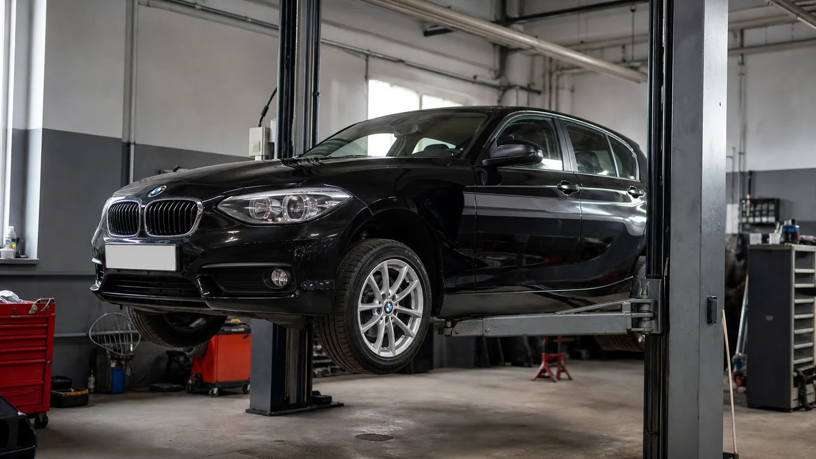 BMW 1 Series на подъёмнике при диагностике ходовой части — иллюстрация