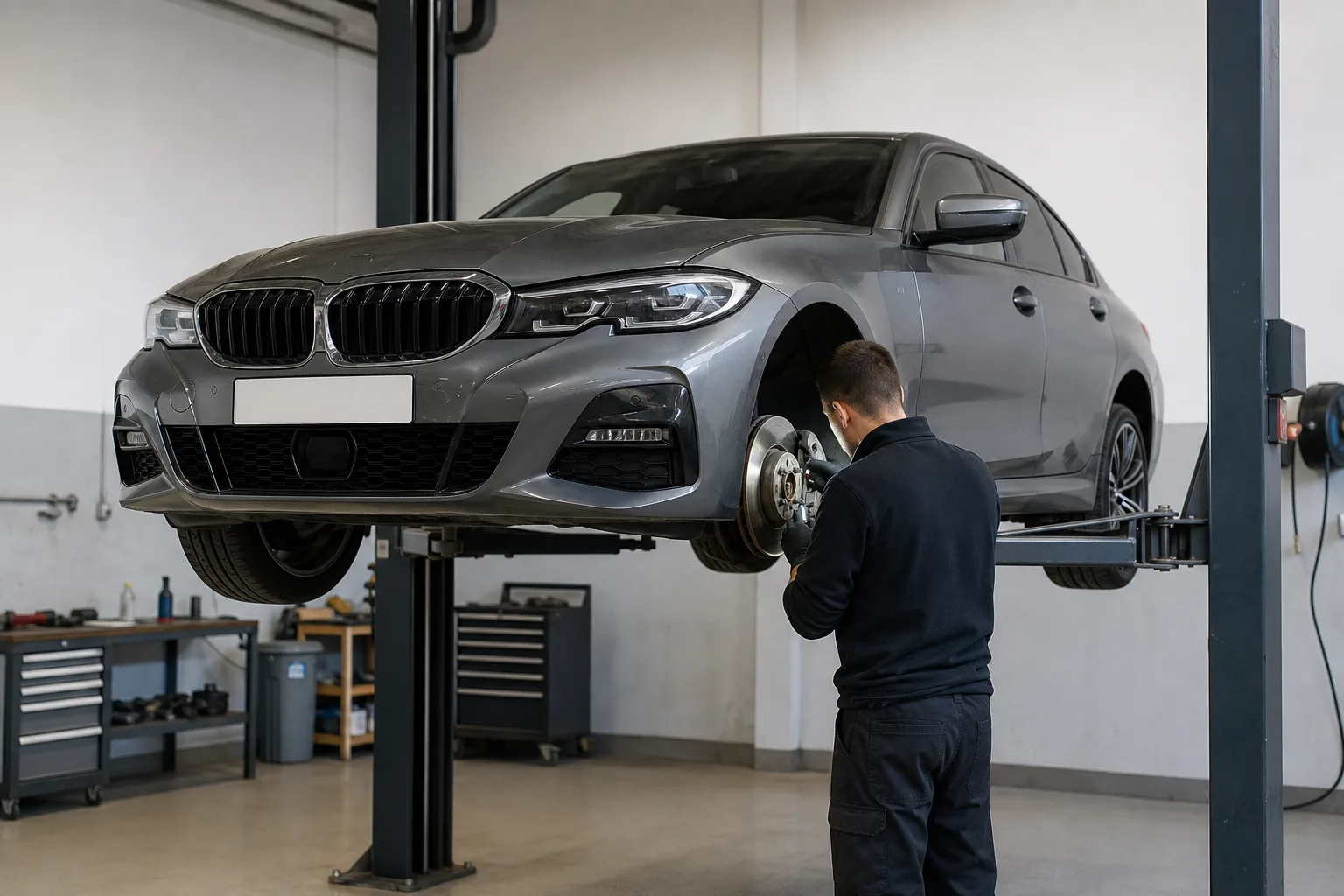 BMW 3 Series на подъёмнике при проверке передних тормозов — иллюстрация