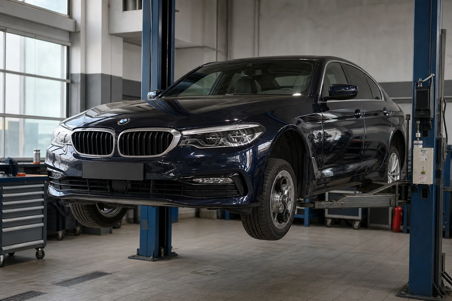 BMW 5 Series на подъёмнике при диагностике подвески и тормозов — иллюстрация
