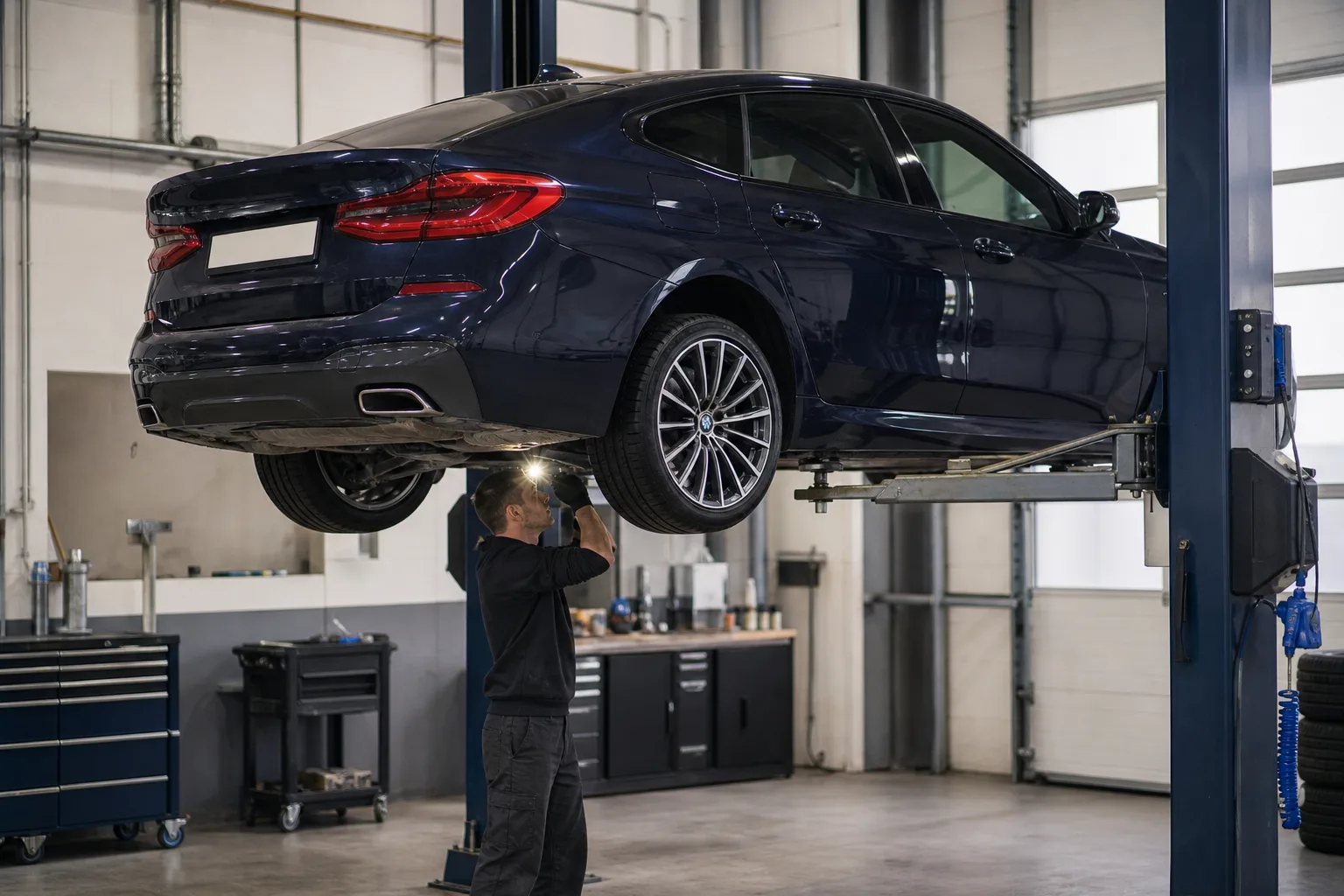 BMW 6 Series на подъёмнике при диагностике подвески — иллюстрация