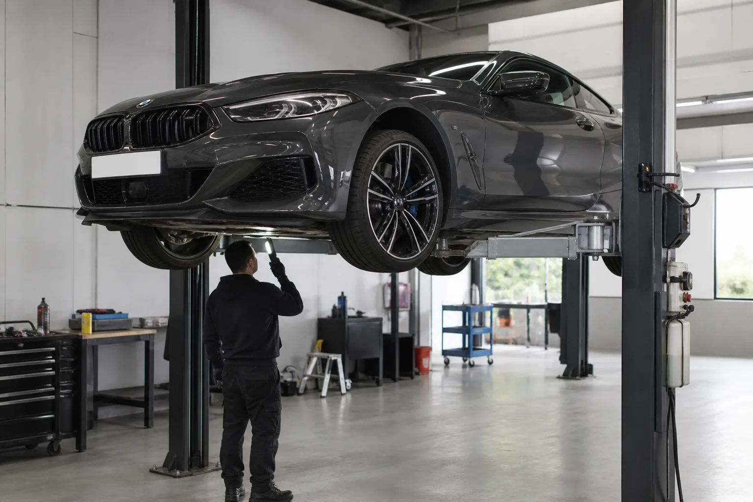 BMW 8 Series на подъёмнике при осмотре днища — иллюстрация