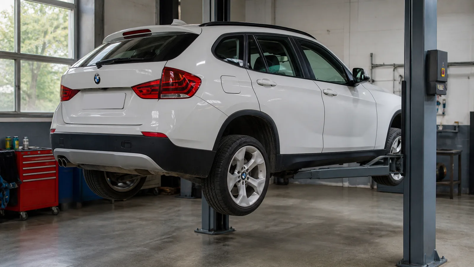 BMW X1 на подъёмнике при диагностике привода и подвески — иллюстрация