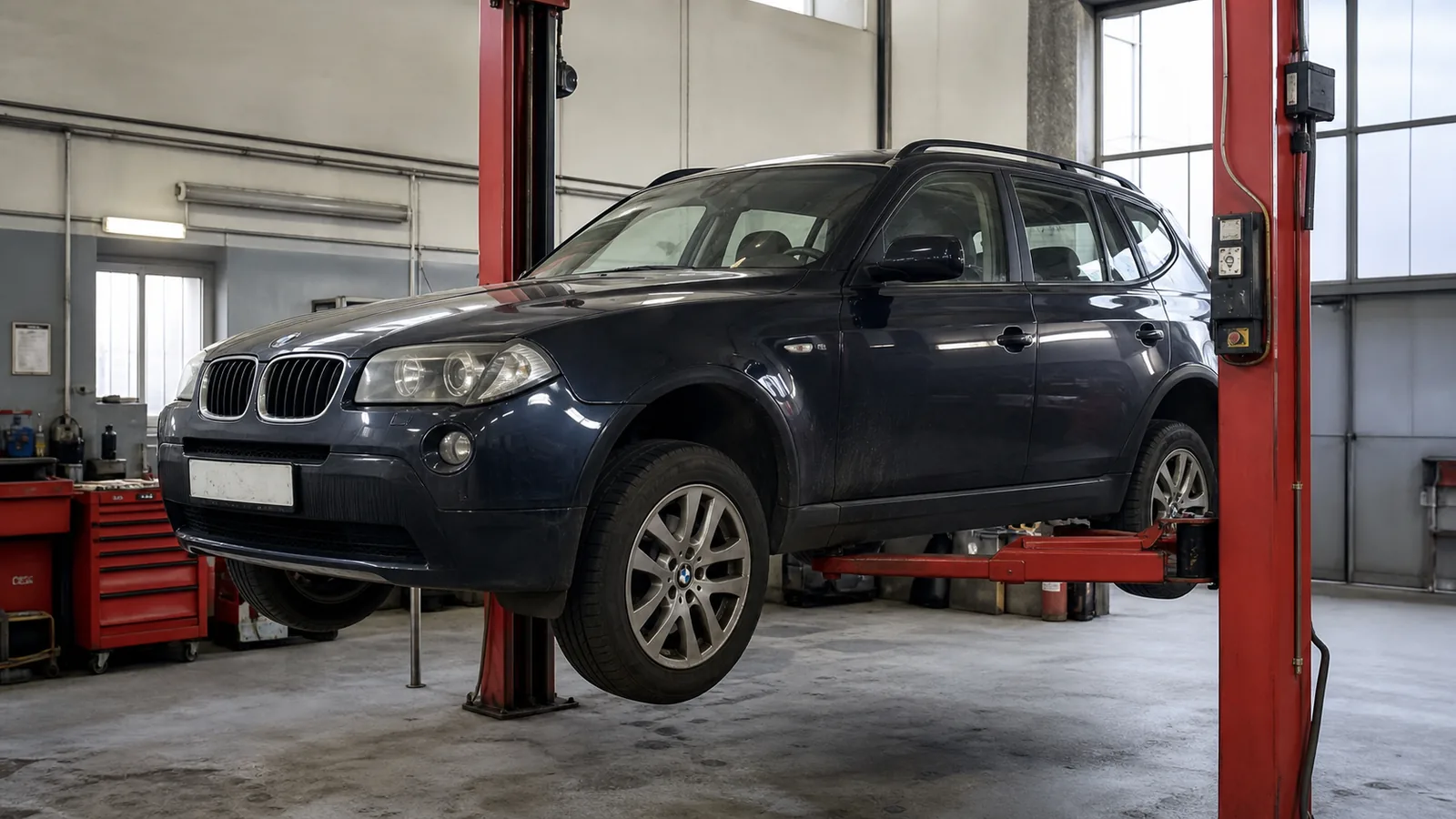 BMW X3 на подъёмнике при проверке подвески и xDrive — иллюстрация