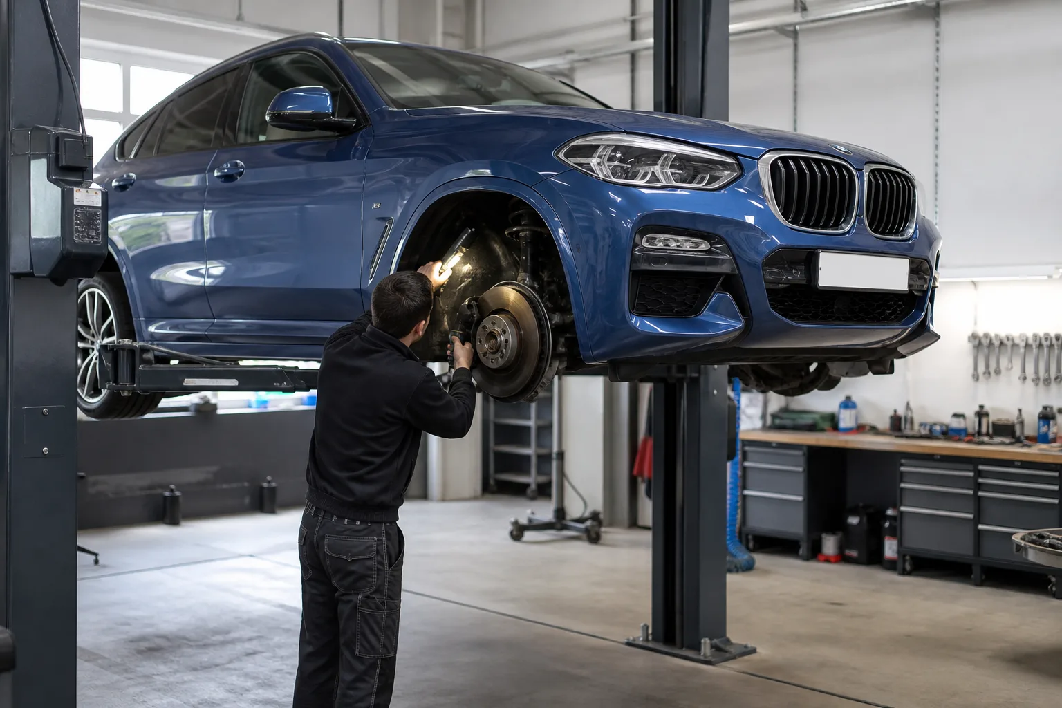 BMW X4 на подъёмнике при проверке передней подвески и тормозов — иллюстрация