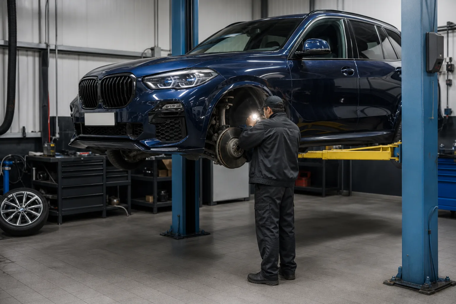 BMW X5 на подъёмнике при проверке передней подвески и тормозов — иллюстрация