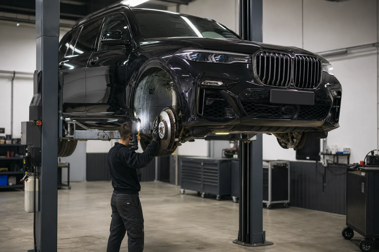 BMW X7 на подъёмнике при проверке подвески и тормозов — иллюстрация