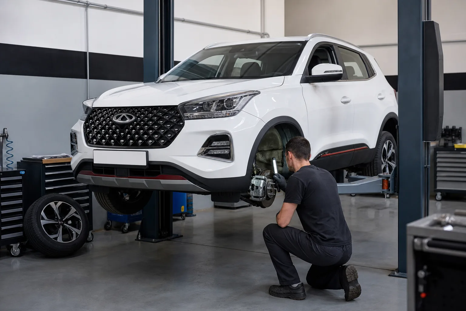 Chery Tiggo 4 Pro на подъёмнике при проверке тормозов — иллюстрация