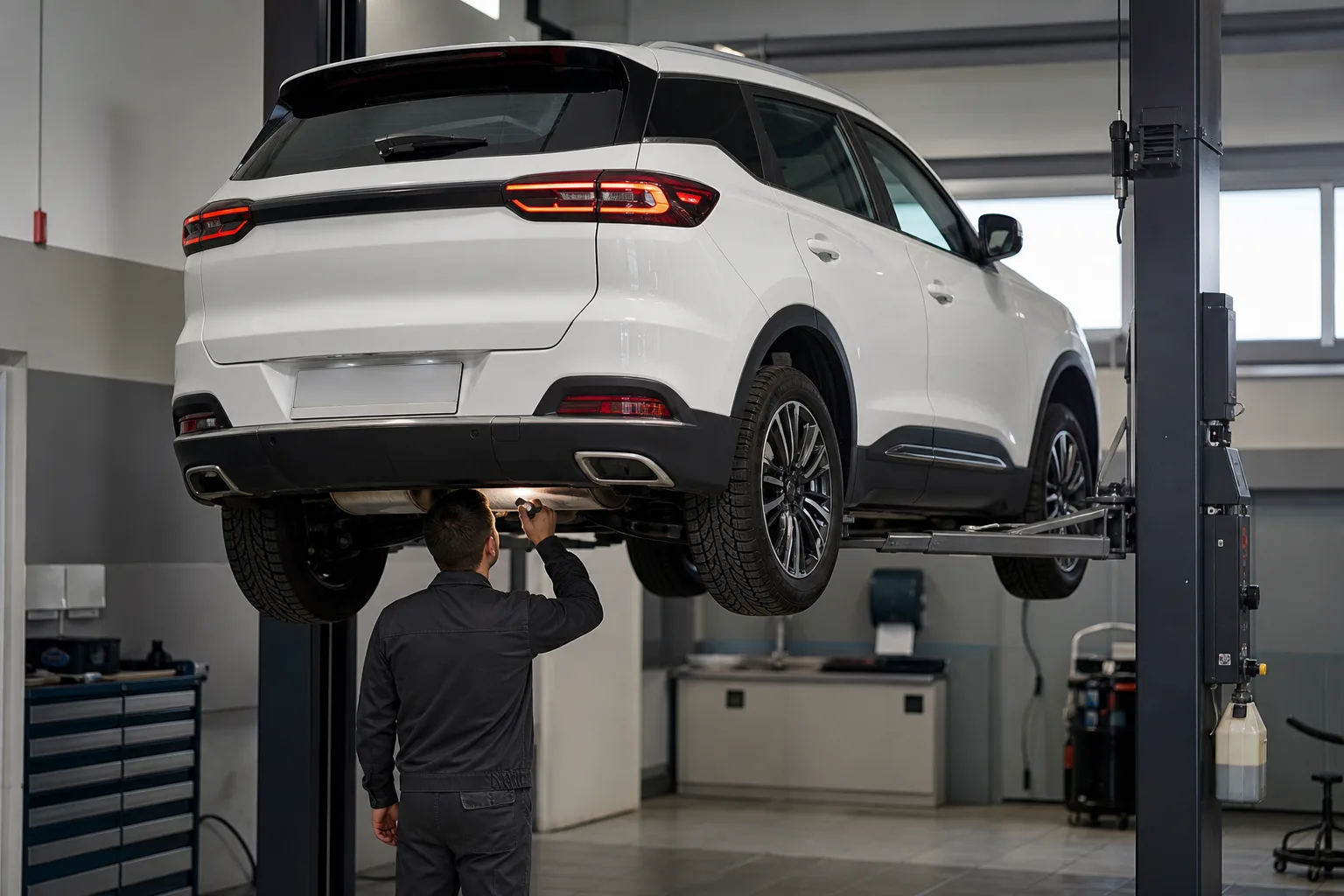 Chery Tiggo 7 Pro на подъёмнике при осмотре днища — иллюстрация