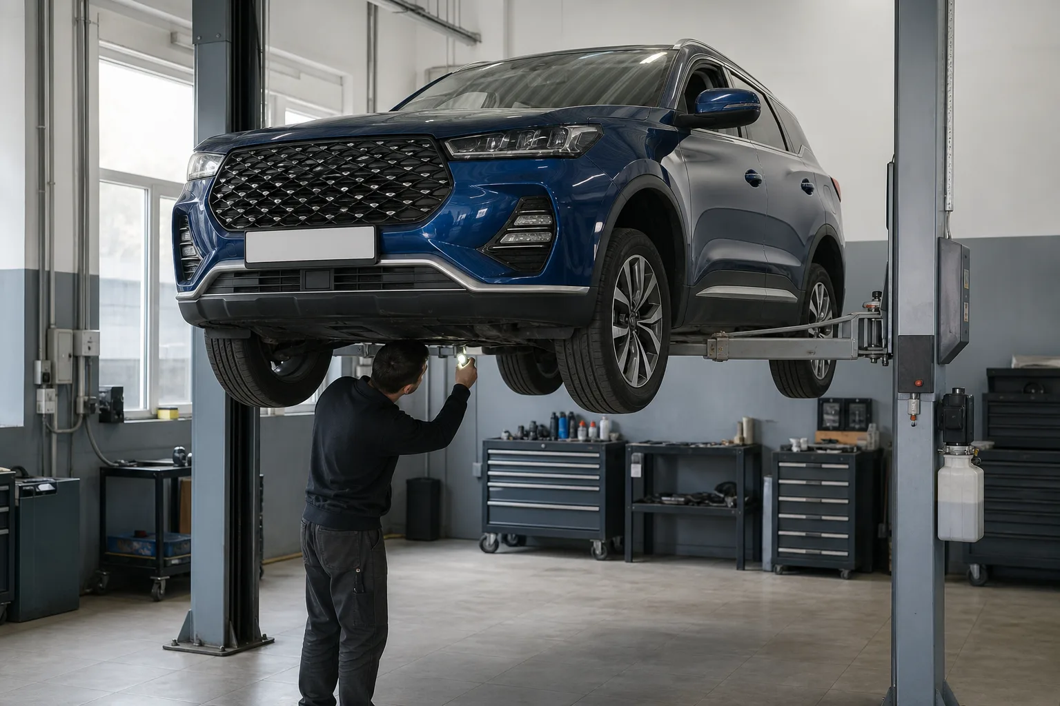 Chery Tiggo 7 Pro Max на подъёмнике при осмотре днища — иллюстрация