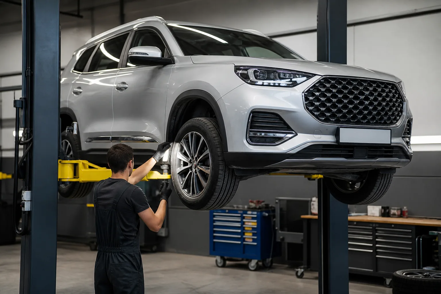 Chery Tiggo 8 Pro на подъёмнике при диагностике подвески — иллюстрация