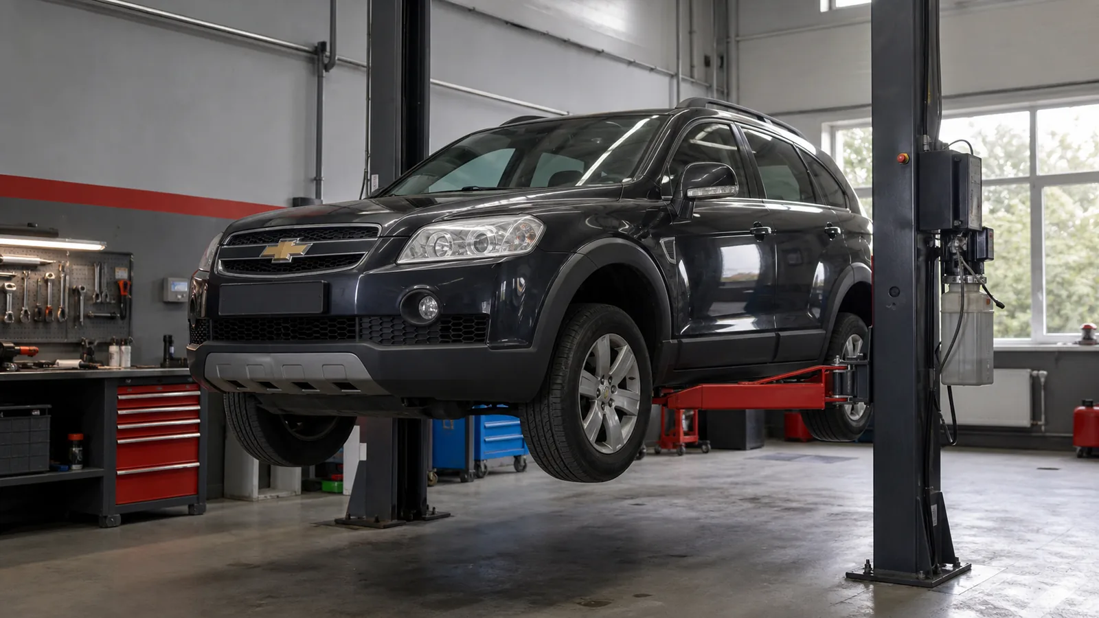 Chevrolet Captiva на подъёмнике при проверке подвески и привода — иллюстрация