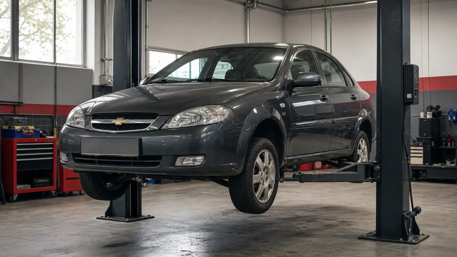 Chevrolet Lacetti на подъёмнике при проверке ходовой части — иллюстрация