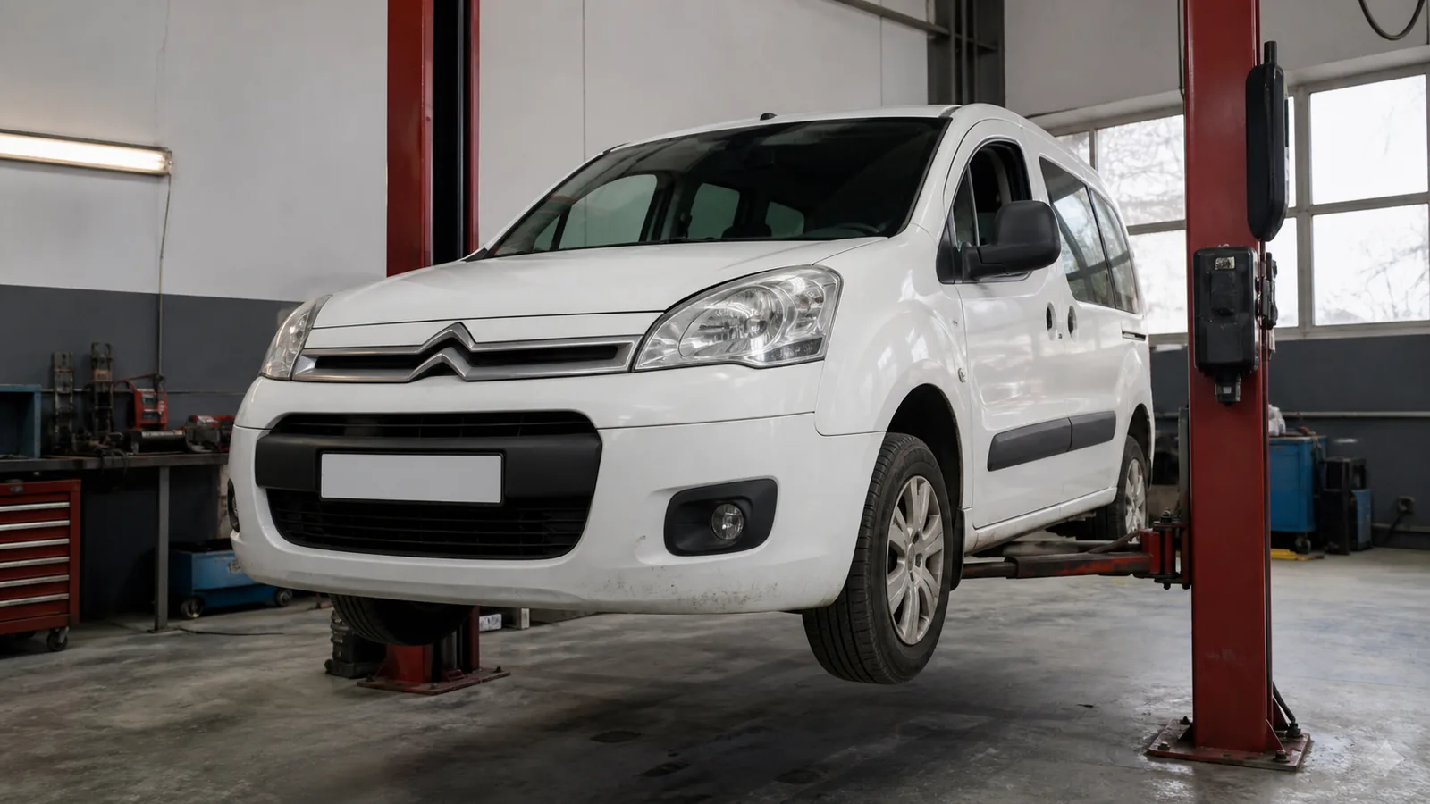 Citroën Berlingo на подъёмнике при диагностике ходовой части — иллюстрация