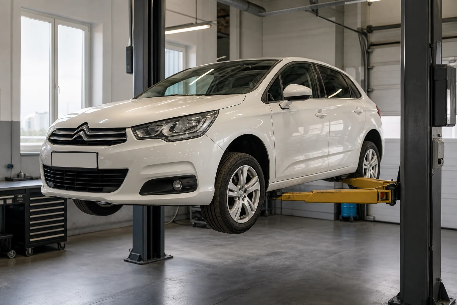 Citroën C4 на подъёмнике при проверке подвески — иллюстрация