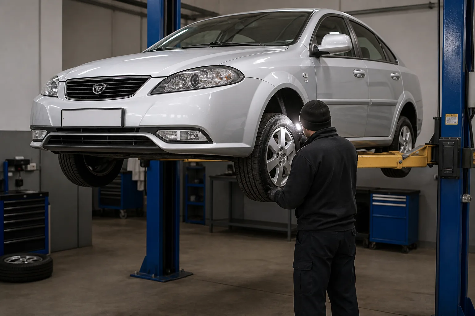 Daewoo Gentra на подъёмнике при проверке ходовой части — иллюстрация