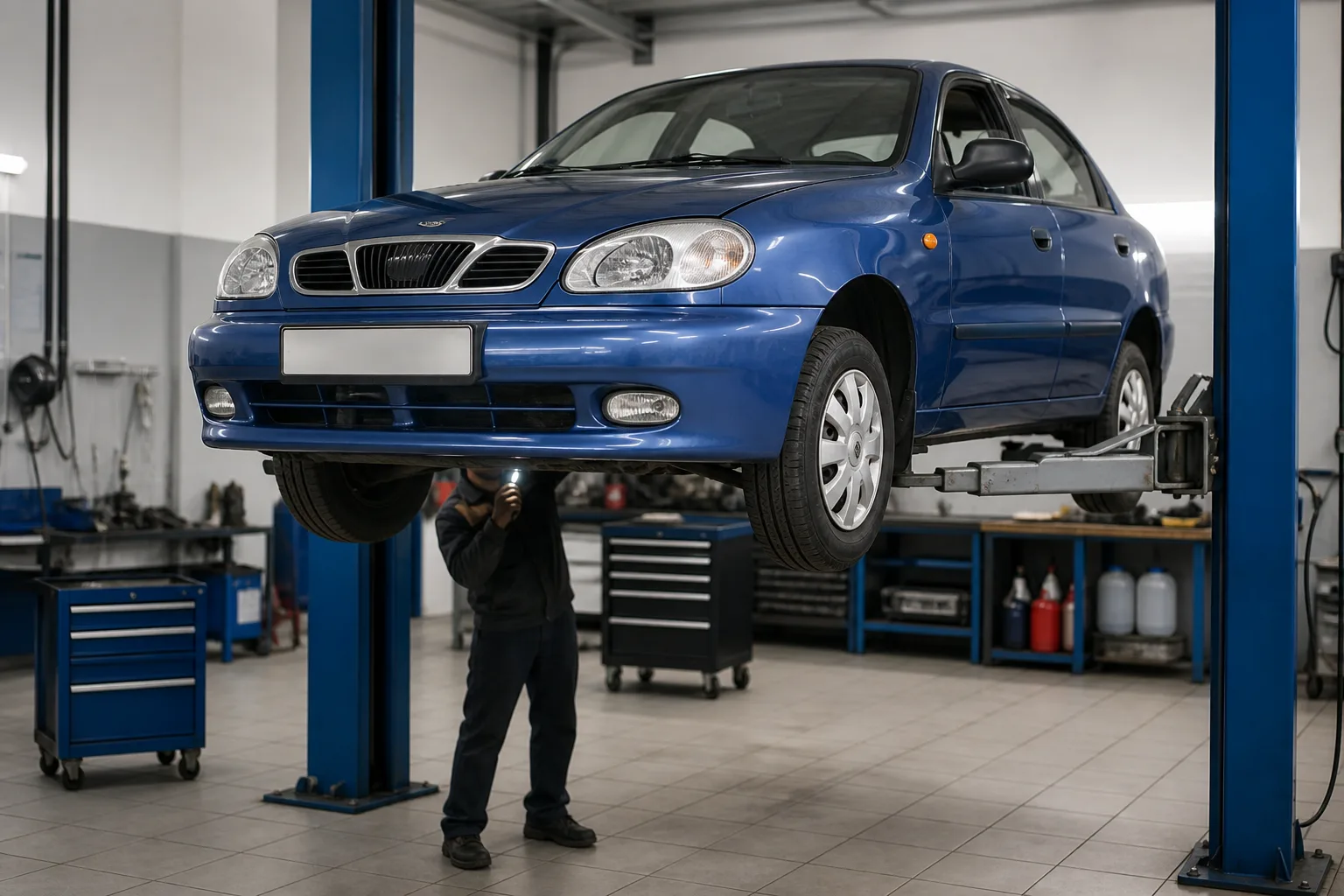Daewoo Lanos на подъёмнике при осмотре днища — иллюстрация